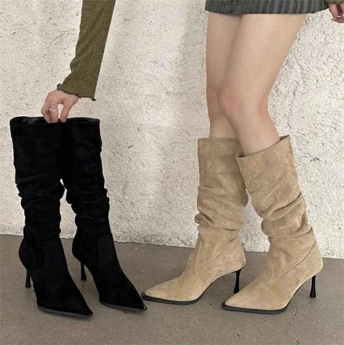 レディース くしゅくしゅブーツ 大きいサイズ ミドルブーツ 履き口 ゆったり ブーツ 美脚 カジュアル ミドルヒール シューズ ワ