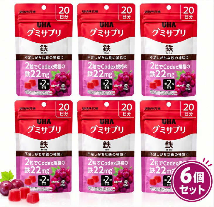 UHA味覚糖 グミサプリ 鉄 20日分 40粒入 ユーハ味覚糖 鉄 グミサプリ 鉄サプリ 貧血対策 鉄分補給 グミサプリメント グレープ味 葉酸240μg コラーゲン300mg 鉄分 栄養機能食品 日本製　6個セット4902750695542