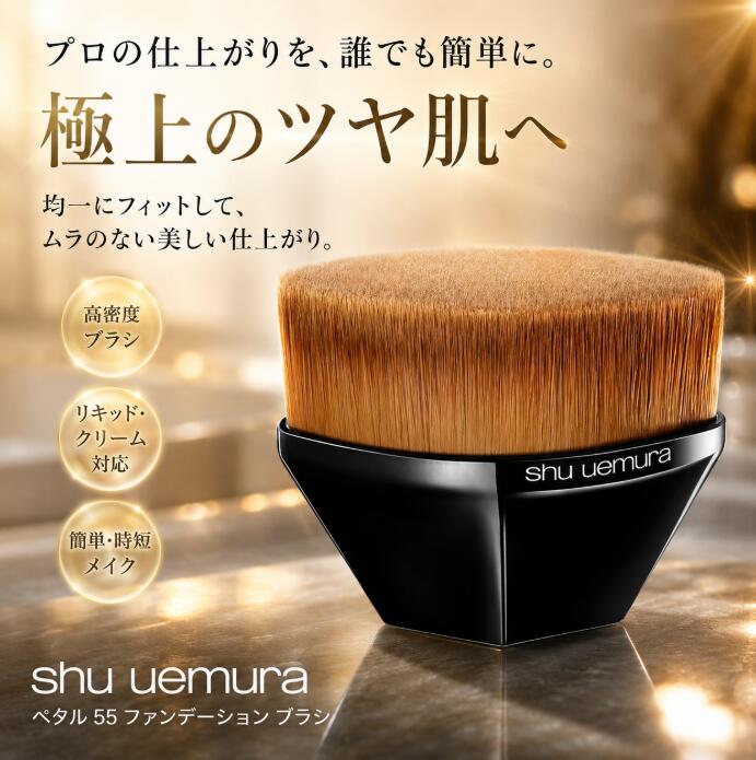 シュウウエムラ ペタル 55 ファンデーション ブラシ ブラック リキッドファンデーション用 クリームファンデーション用 クッションファンデーション用 プロ級のなめらか肌へ。毛穴レス ツヤ キメ 人気 高級感 名品 黒 shu uemura 送料無料 即納