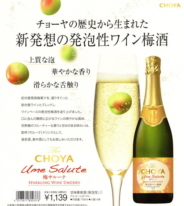 The CHOYA　梅サルーテ　Ume Salute　750mlSPARKLING　WINE　UMESHUチョーヤ　スパークリングワイン梅酒