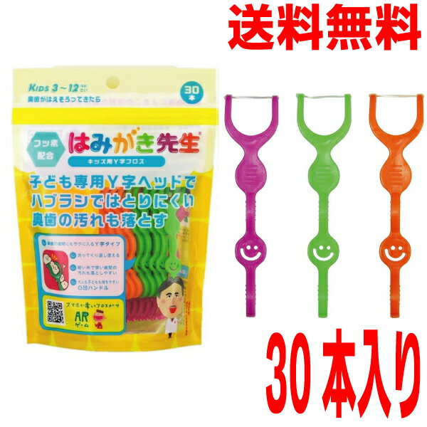 【メール便送料無料】はみがき先生　キッズ用Y字フロス30本入り×1袋　デンタルフロスオカムラ　3歳から12歳（目安）