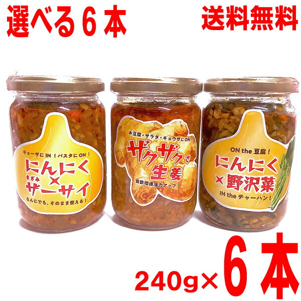【選べる6本】【本州送料無料】ザクザクで生姜 にんにく×野沢菜 にんにく×きざみザーサイ 240g×6本 瓶入り北海道・四国・九州行きは追加送料220円かかります。マルシンフーズ