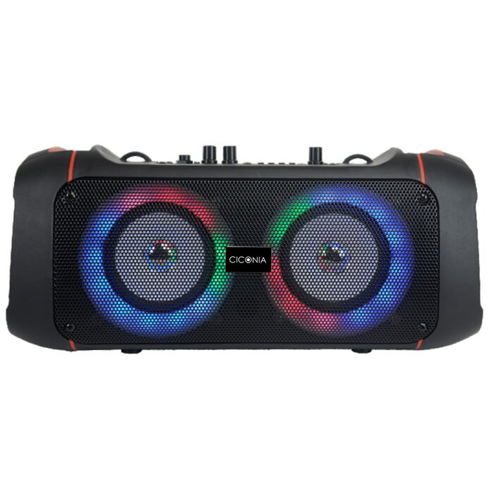 LEDイルミネーション搭載の目でも楽しめるコンパクトパーティースピーカー♪CICONIA定番のLEDパーティースピーカーにコンパクトで使いやすい新モデル登場！●ワイヤレスマイクと有線マイクが付属しているので、会議やセミナー・イベントやアウト...