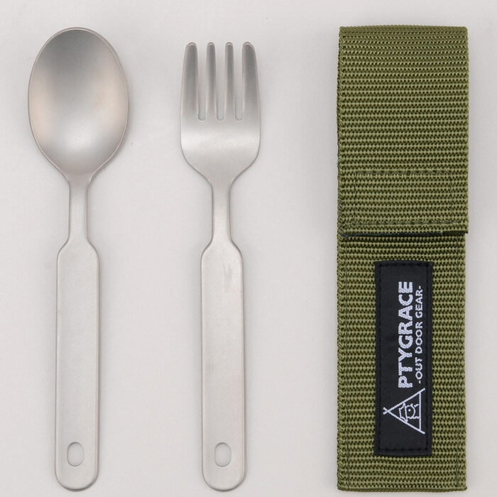【返品OK!条件付】PTYGRACE アウトドア チタンスプーン＆フォークセット 収納ケース付 片力商事 PY-6305【KK9N0D18P】【60サイズ】