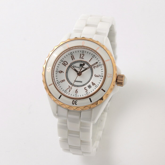 【返品OK!条件付】Salvatore Marra サルバトーレマーラ 腕時計 レディース セラミックウォッチ クォーツムーブメント SM25151-PGWHA ピンクゴールド×ホワイト アラビアインデックス 3気圧防水 日付表示 回転ベゼル【KK9N0D18P】