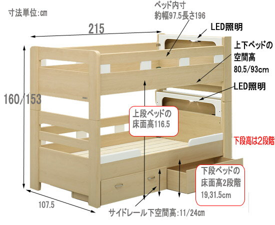 二段ベッド キャビネットタイプ 引き出し付 子供ベッド (ラキッズ) gn436ct-2