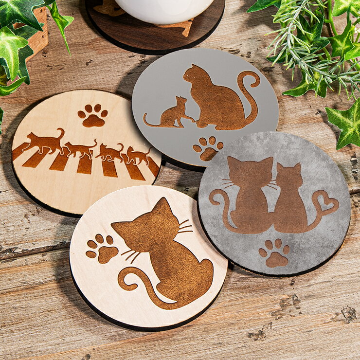 コースター 4枚セット 木製 7種から選べるデザイン 猫 ネコ 約9cm×9cm程度 加賀コースター メープル ウォールナット 国産MDF おしゃれ 国産 北欧 かわいい 花瓶敷き woodコースター キッチン雑貨 まとめ買い カフェ風 コースター008