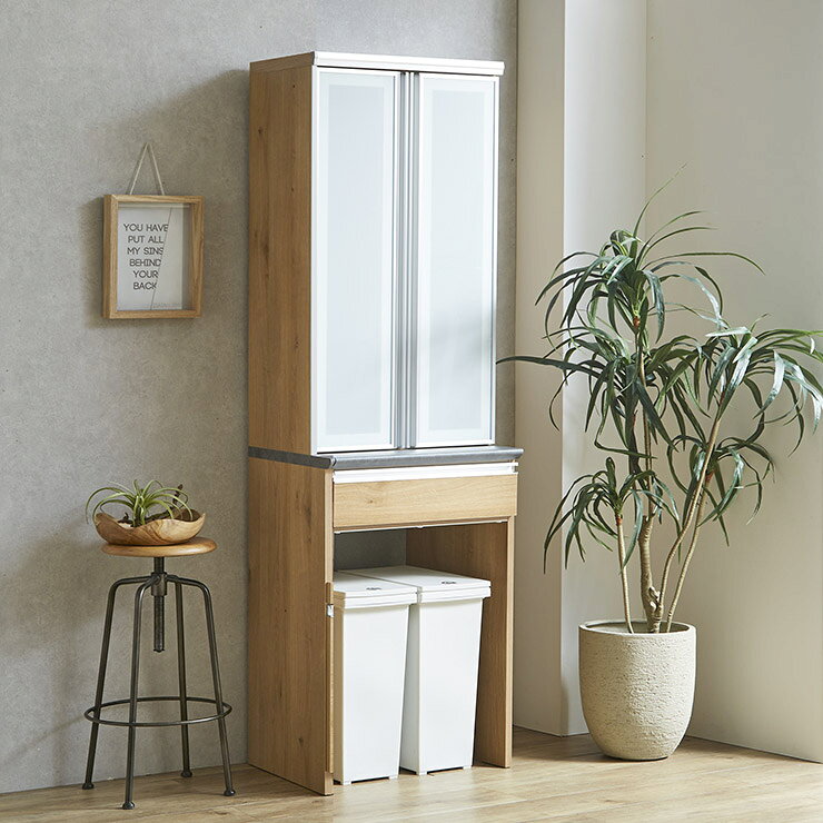 Rakuten - ★10%OFF★ 食器棚 完成品 大川家具 キッチンボード カップボード キッチン収納 ダイニングボード ダイニング シンプル おしゃれ ハイタイプ ダストボックス ゴミ箱 ごみ箱 ダストペール 幅60 モイス moiss 高級 収納 耐震 マリエラ 60DB 国産 日本製