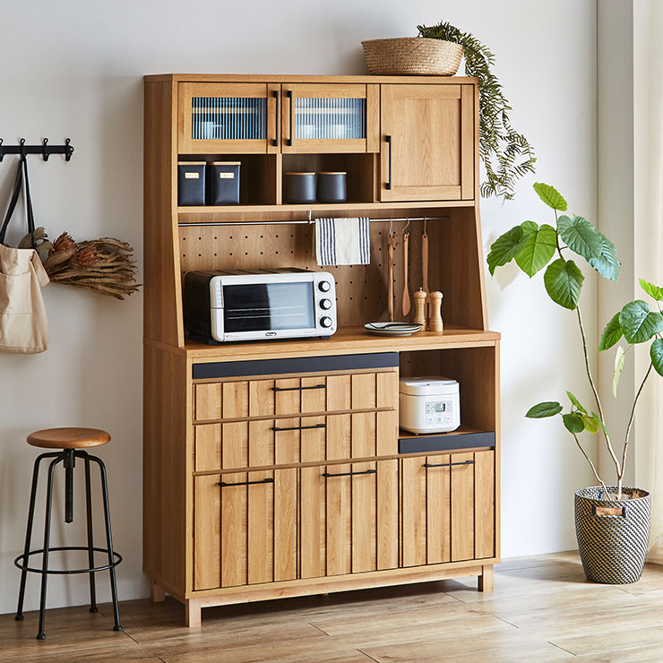 Rakuten - ★10%OFF★ 食器棚 完成品 大川家具 キッチンボード カップボード キッチン収納 ダイニングボード ダイニング シンプル おしゃれ ハイタイプ 幅120 アイアン 収納 北欧 北欧風 木 ジェネロ 国産 日本製
