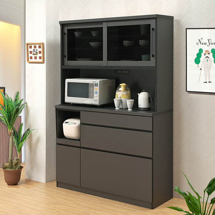 Rakuten - ★10%OFF★ 食器棚 完成品 大川家具 キッチンボード カップボード キッチン収納 ダイニングボード ダイニング シンプル おしゃれ ハイタイプ 幅120 アイアン モダン 引き戸 高級 収納 バレッタ 国産 日本製