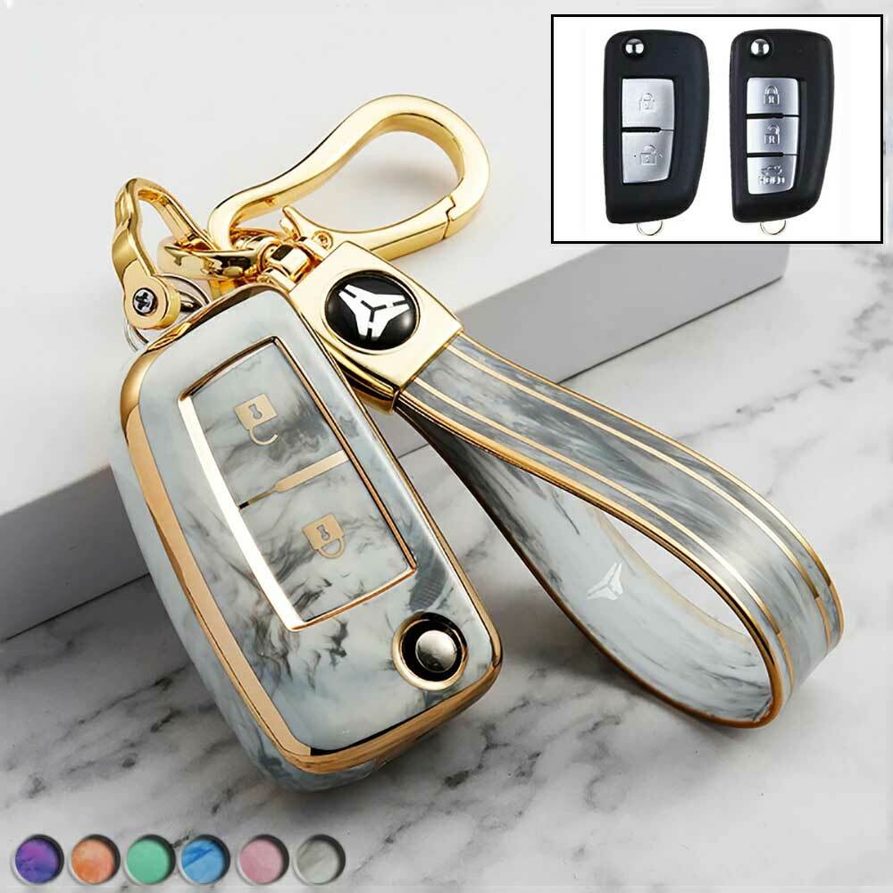 Nissanに適応 折畳式 スマートキーケース オシャレ マーブリング キーカバー 天然宝石のパターン 電気メッキ 保護 ニッサン エクストレイル キャシュカイ ティーダ シルフィ等 車用 キーバッグ 弾力性 耐久性 汚れ 傷防止 柔らかい TPUシリコン