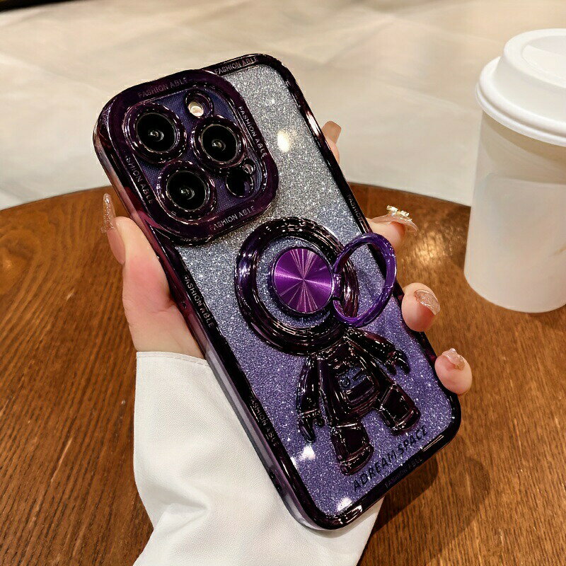 1pc トレンディなフルカバー保護ケース、アストロノートリングブラケット付き、iPhone 13/14/15シリーズ用