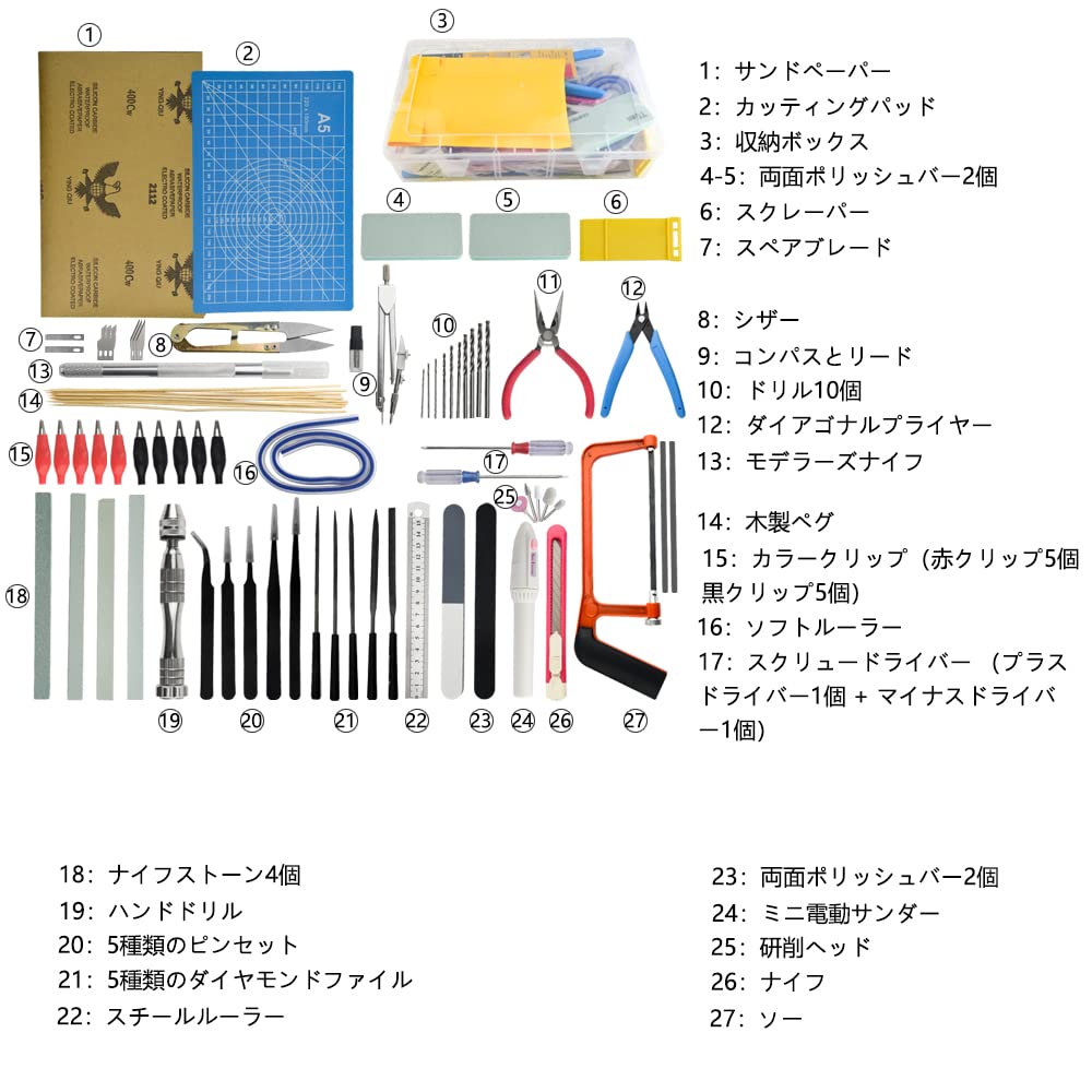 エムーエムショップのプラモデル工具セット 81点セット 入門用ツールセット プラ模型工具 初心者向け モデルツール 薄刃ニッパー ヤスリ 精密ピンセット モデラーズナイフ（替え刃付き）収納ボックス付き｜アングル2