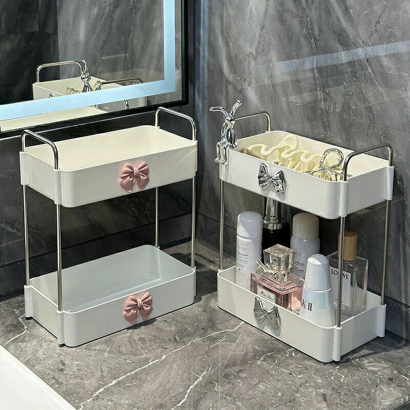 軽い トイレ 洗面台 かわいい ピンク シルバー リボン 収納ケース デスクトップ 鏡の前 化粧品 物を置..