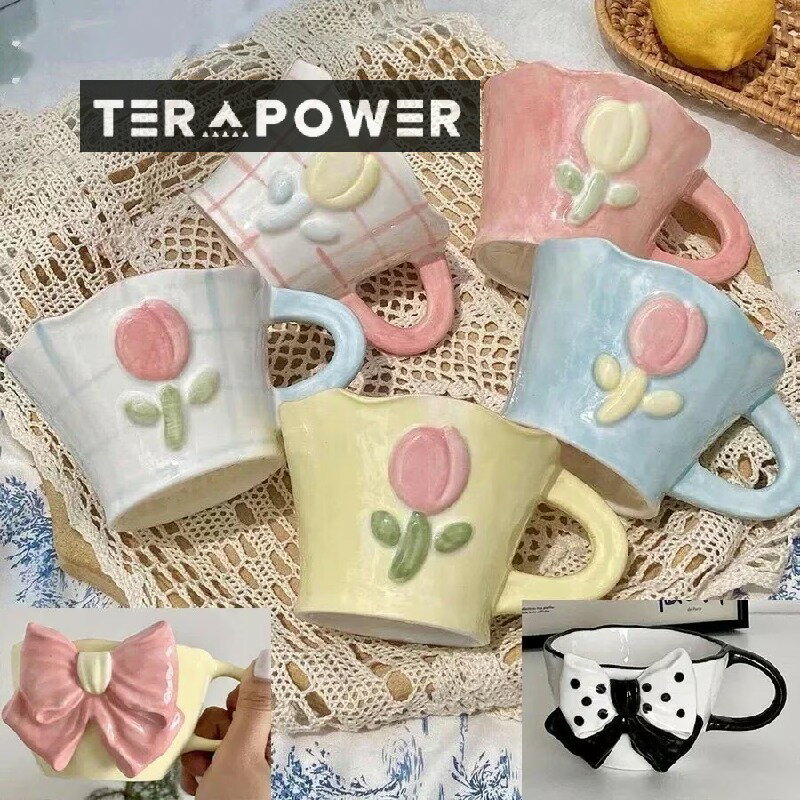 マグカップ カップ 可愛い 陶器 ハンドメイド り コップ リップ リボン 花柄 韓国 風 ギフト プレゼント