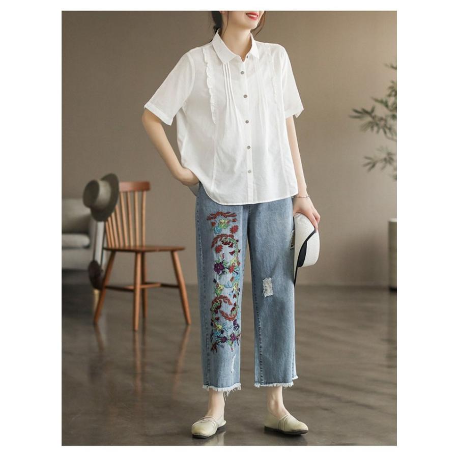 デニムパンツ レディース ストレートパンツ 9分丈 ジーパン ウエストゴム 体型カバー ゆったり ワイドパンツ 刺? 美脚 柔らか バギー
