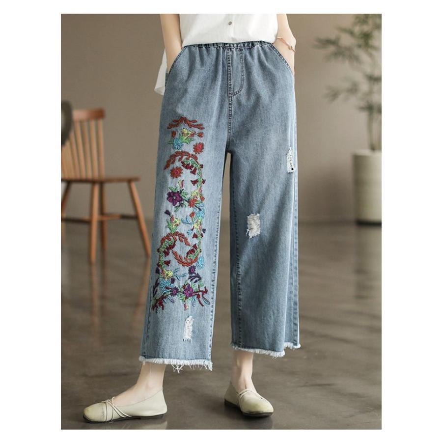 デニムパンツ レディース ストレートパンツ 9分丈 ジーパン ウエストゴム 体型カバー ゆったり ワイドパンツ 刺? 美脚 柔らか バギー