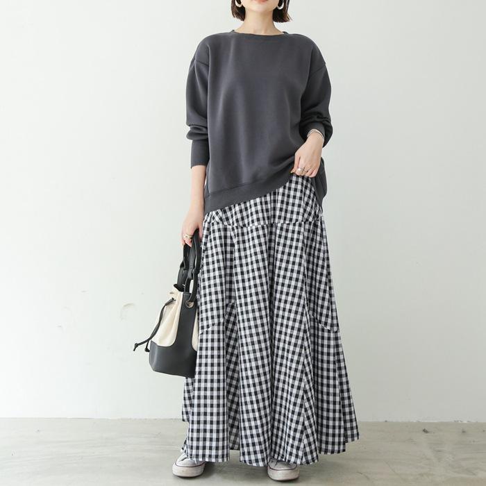 ギンガムチェックスカート ロングスカート パッチワーク お花見 マキシ丈 スカート ゆったり チェック柄 ウエストゴム ボトムス 大人 可愛い