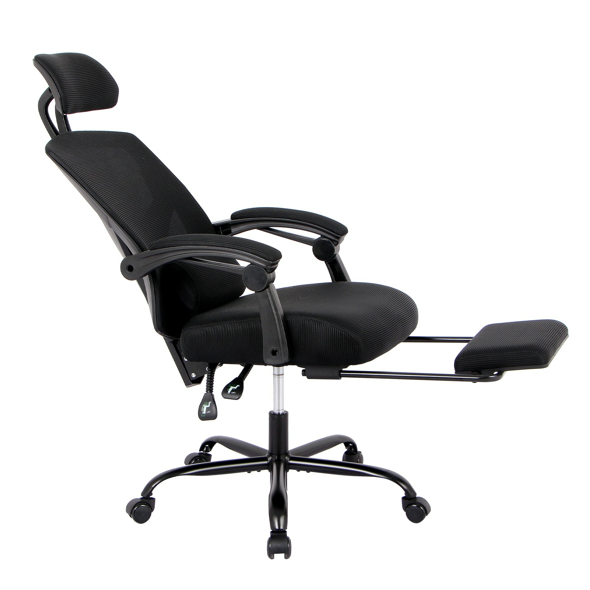 オフィスチェア 事務所チェア リクライニング機能 足載せ付き ロッキング機能 メッシュタイプ【 ブラック】