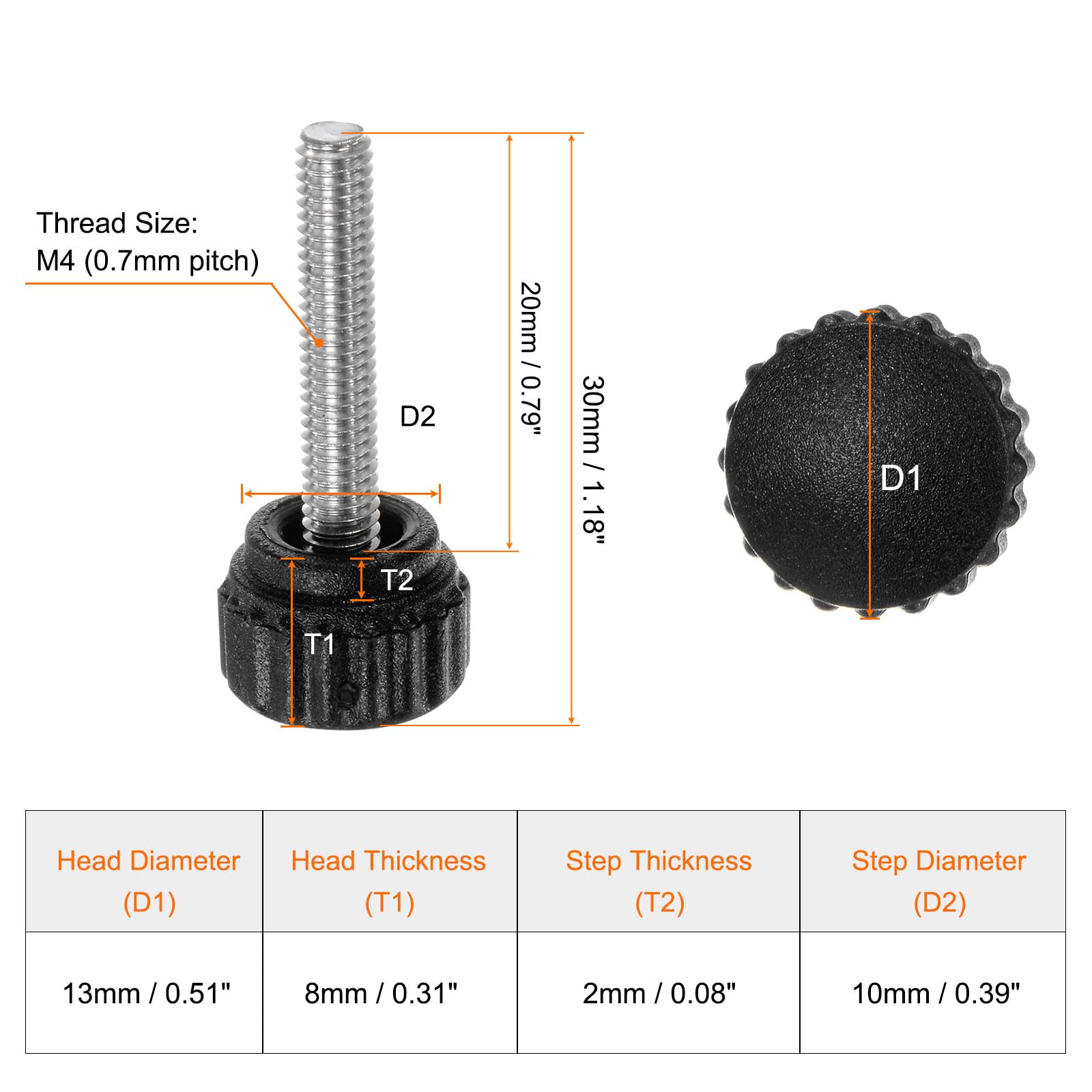 20個 ローレットクランプノブ サムスクリュー M4 x 20mm メトリックオスネジ 13 mm 304 ステンレススチールスタッド 手ネジノブ サムスクリューハンドル 黒