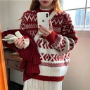 ベーシックニット ニットウェア 秋冬に着たい ベーシック セーター 韓国ファッション クラシック レッド クリスマス ニット セーター レディース トップス 百掛け 高級感 ゆったり 福(4)