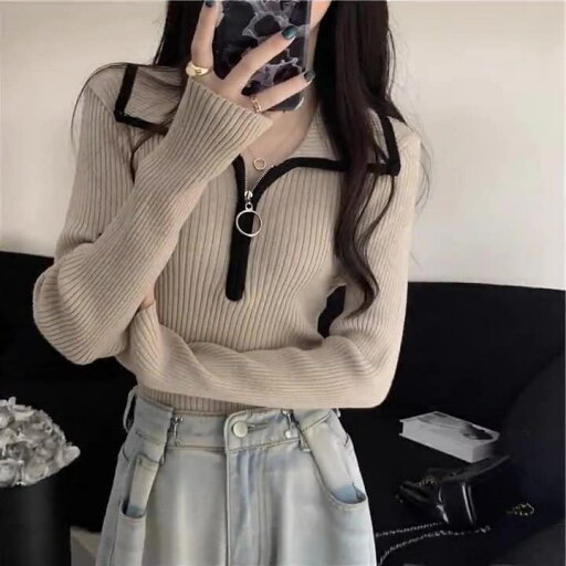 ベーシックニットぶつかり色ハーフジッパー開襟セーター女秋冬底を整えて着痩せしたニットトップス婦人服 ベーシックニットぶつかり色ハーフジッパー開襟セーター女秋冬底を整えて着痩せしたニットトップス婦人服