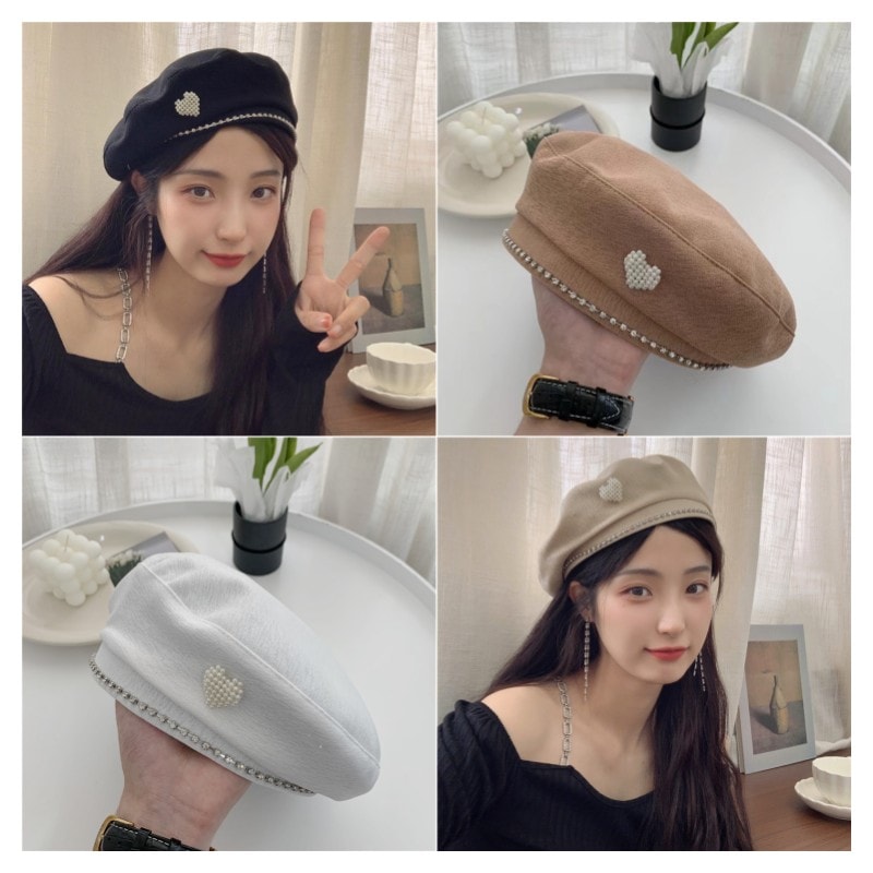 辛いです真珠愛水ドリルベレー帽女性日系秋冬優雅気質平頂復古画家帽