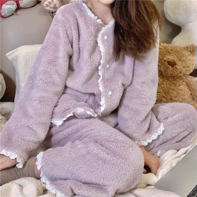 ームウェアパジャマ二点セット 秋と冬 寝間着 レース 厚手 コーラルウール ふんわり肌触り スウェットルームウェア ズボン 上下セット