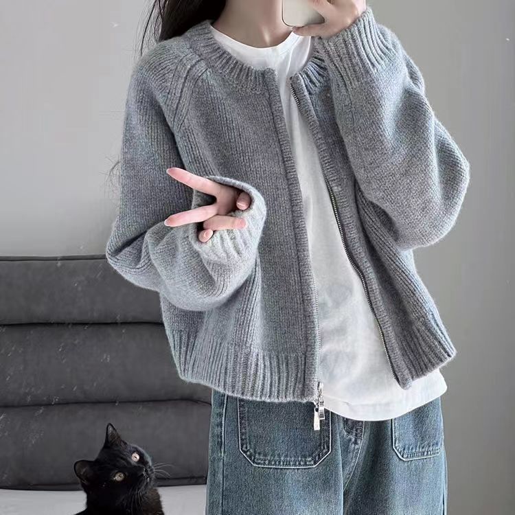 ベーシックニットニットカーディガン ショート丈セーターコート婦人服秋冬2023新型ゆったり厚手ジッパーカーディガン長袖ニットトップス