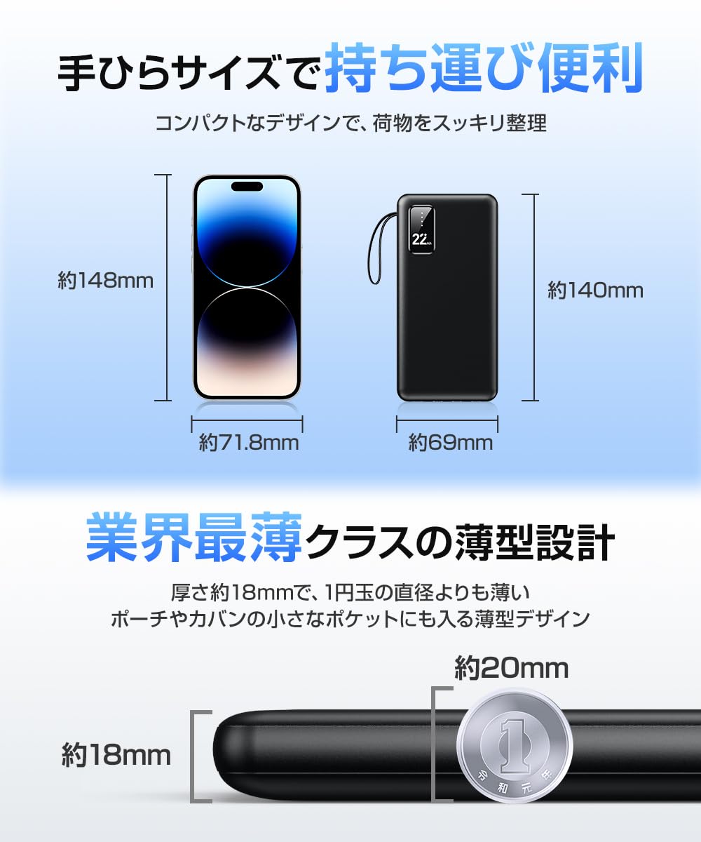 モバイルバッテリー急速充电【2024新型・4本ケーブ内蔵】22800mah pse认证済2way入力5台同时充电軽量薄型led残量表示最大2.4a出力防灾ledライト多重保护机内持込み可iphoneアンドドロップ対応