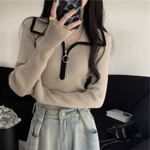 色の衝突ハーフジップラペルジャンパー女性秋と冬のボトムスリム薄手ニットセータートップス女性服 色の衝突ハーフジップラペルジャンパー女性秋と冬のボトムスリム薄手ニットセータートップス女性服