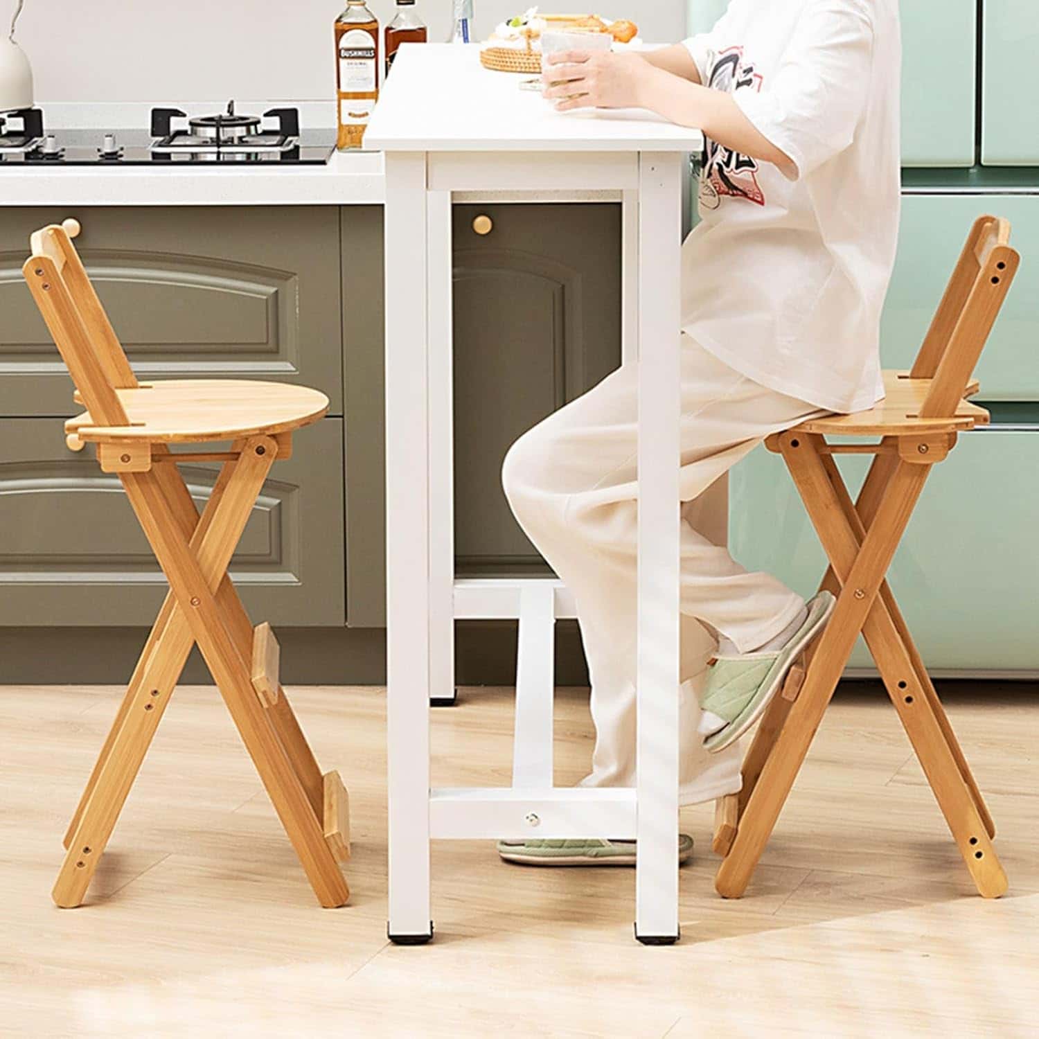 折りたたみ木製カウンターチェア ハイスツール ダイニングチェア 座高さ45/63/75cm 背付き 天然素材 ガーデン パーティ オフィス用 カフェ 喫茶店 室内 家庭 足置き