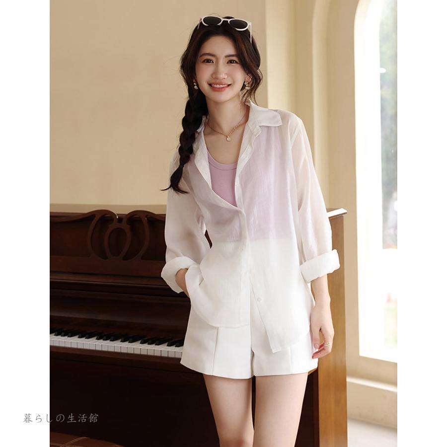 シャツ シアーシャツ レディース 長袖 羽織り 対策 接触冷感 夏 薄手 日焼け止め チュニック シースルーシャツ ブラウス サマーシャツ 透け感 抜け感