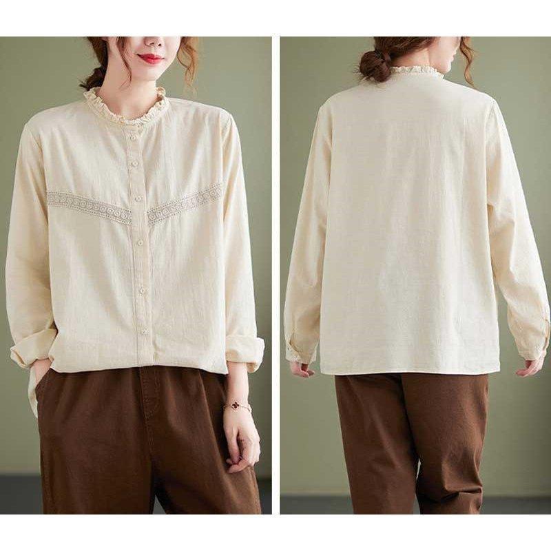 シャツ 綿混 長袖 トップス 前開き レディース ネックレース 通気性 シンプル 春秋 カジュアル コーデ ボタン留め おしゃれ 大人シンプル きれいめ(4)
