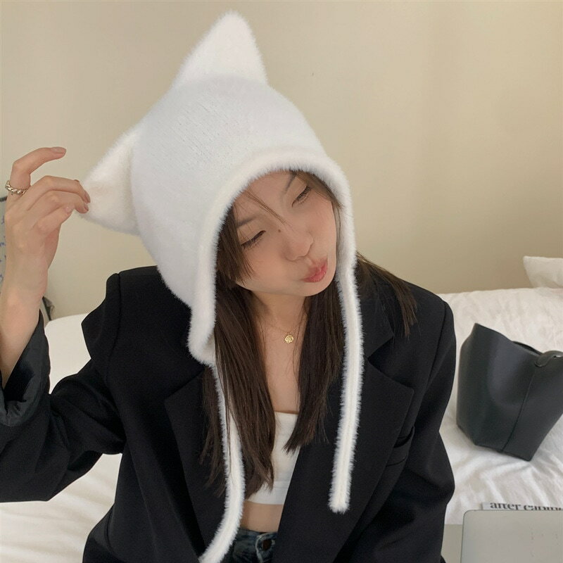 白いかわいい猫耳弾力帽子保温ニット帽女性毛糸帽ミンク毛耳保護帽