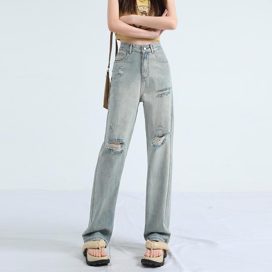 ダメージジーンズ レディース ハイウェスト ワイドパンツ スト レート モップパンツ