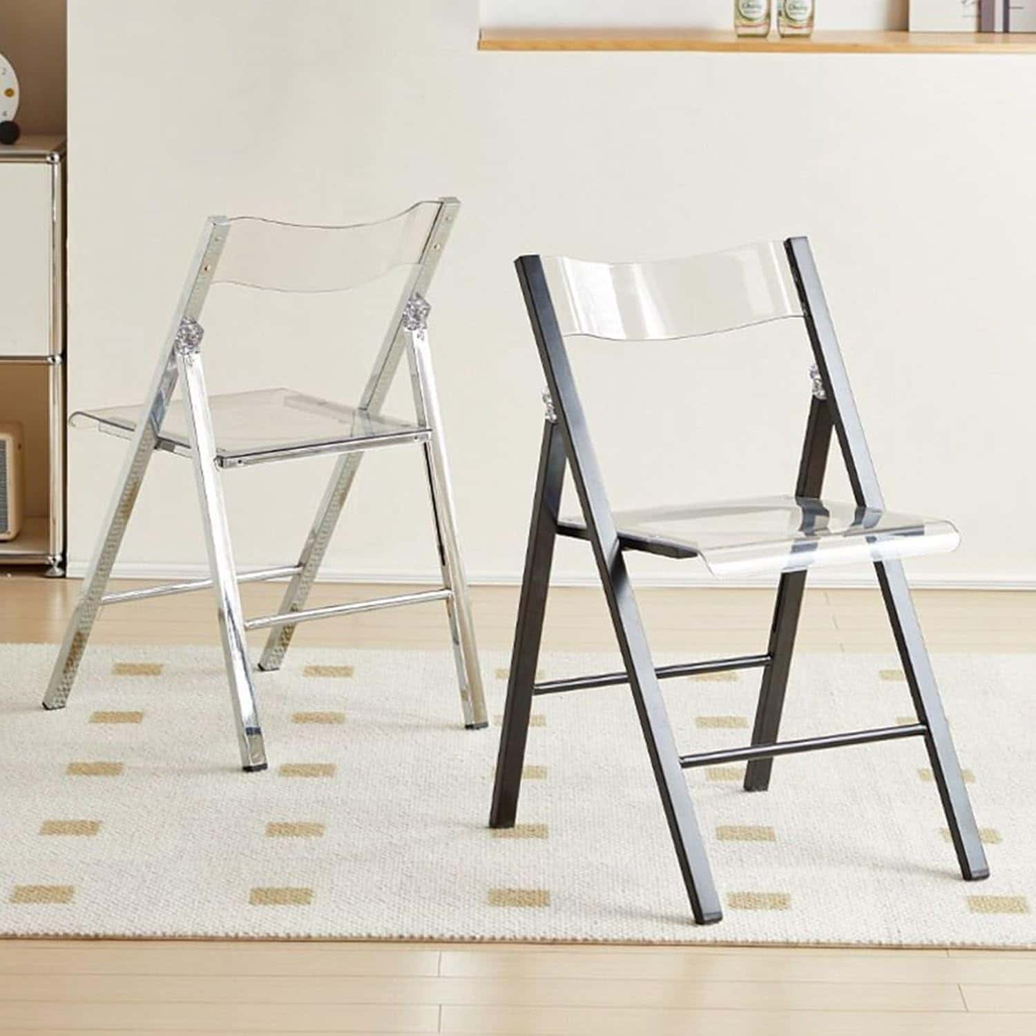 折り畳みクリアチェア 透明アクリル椅子 背付き テーブル付き コンパクト 省スペース 滑り止めゴム足 ..