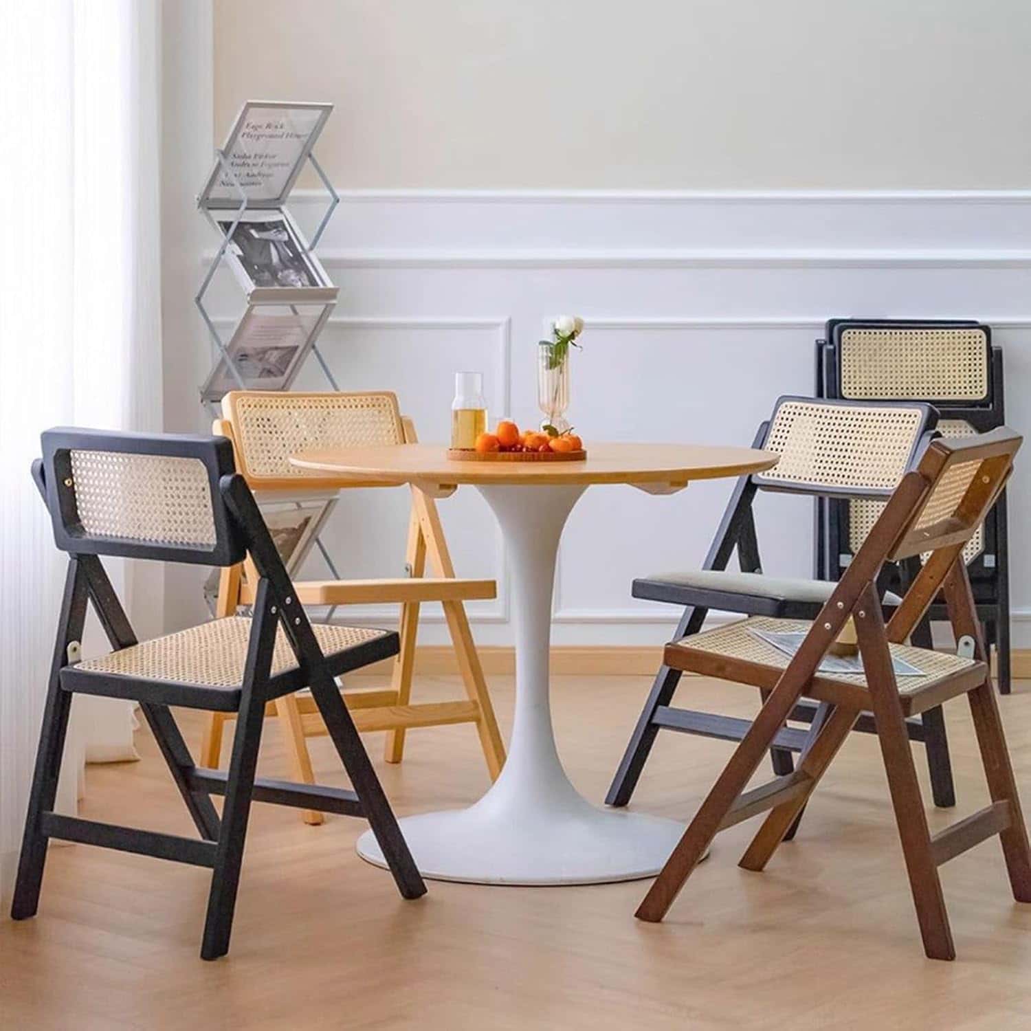 折りたたみラタンチェア 椅子 リビング・ダイニング用 天然木製 背もたれ付き 省スペース 軽量 完成品 ..