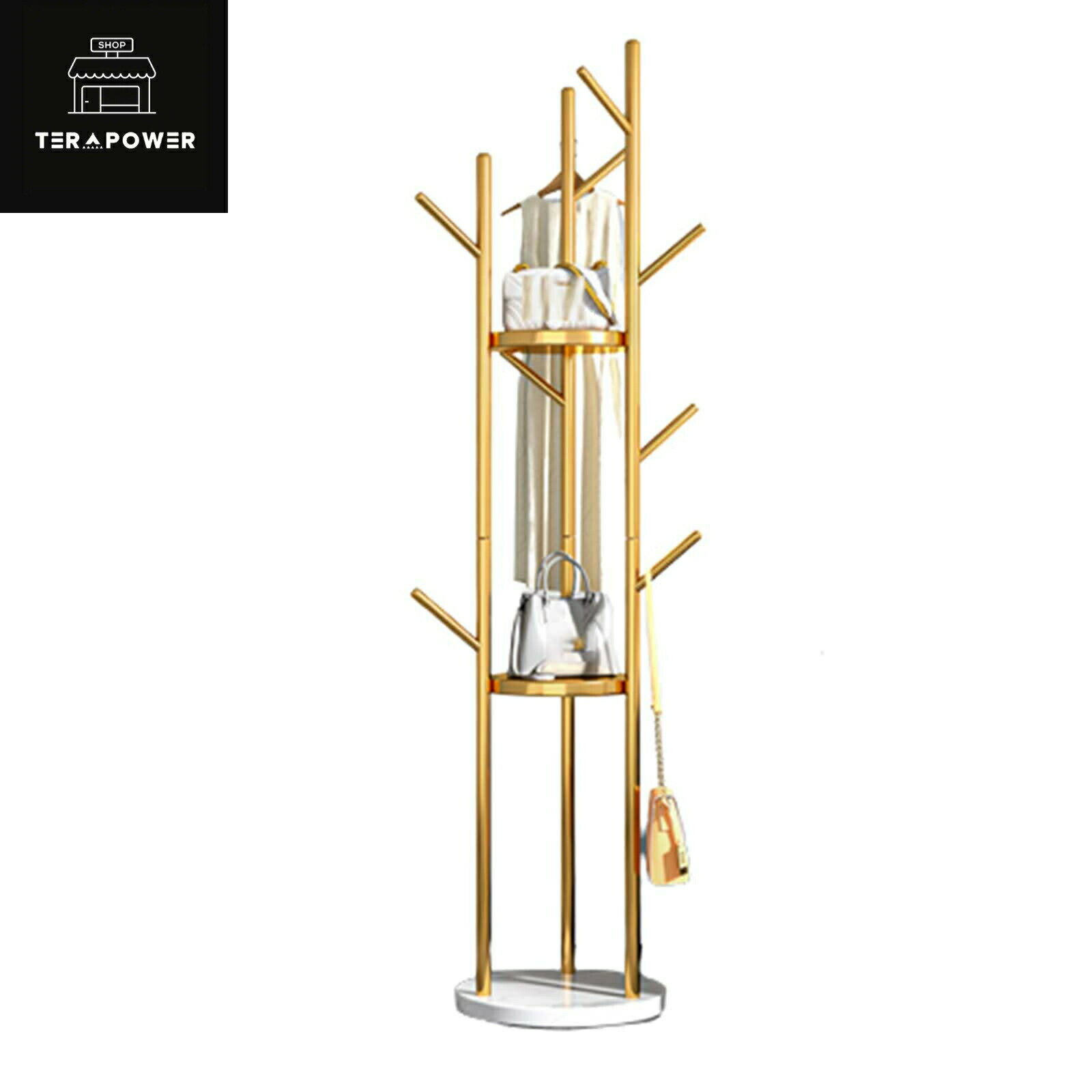 ハンガー ポールハンガー おしゃれ コンパクト 衣類収納 コートハンガー 落ちにくい 倒れにくい キッズポールハンガーへ変更可能 枝型フック設計 3つの収納棚と9つのフック ポールスタンド かばん掛け 帽子掛け 洋服掛け スチール 170cm (ゴールデン)のサムネイル