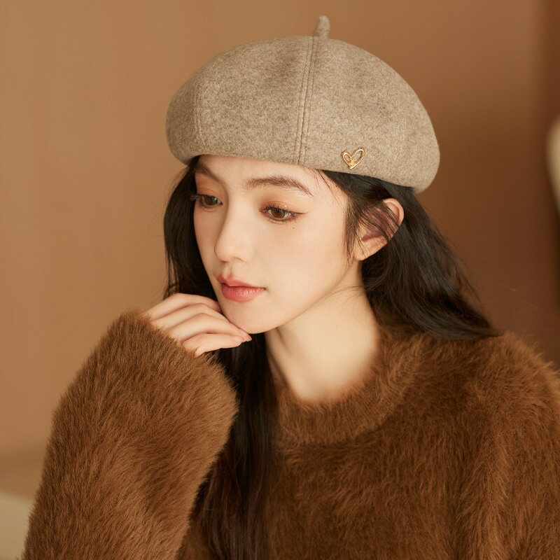 2024春秋新帽子女性高級感愛金属標毛ベレー帽は顔が小さくて甘いカボチャ帽である