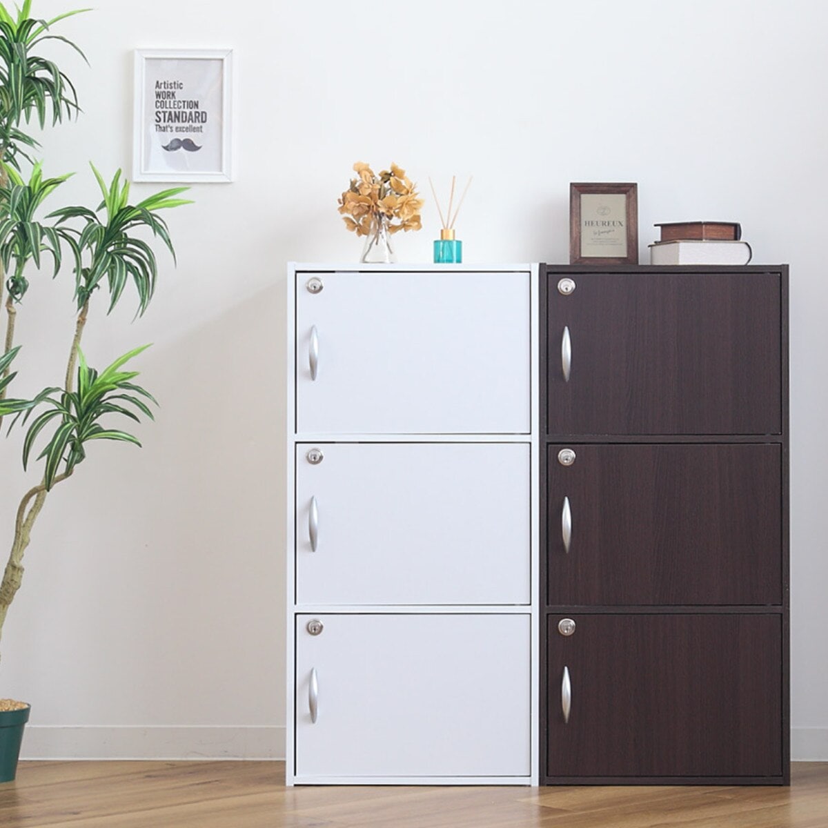 クロシオカラーボックス 3段 全段鍵付 幅42cm 収納 家具 鍵付き 棚 ロッカー BOX 本棚 扉付き 収納ボックス 収納棚 ホワイト ブラウン