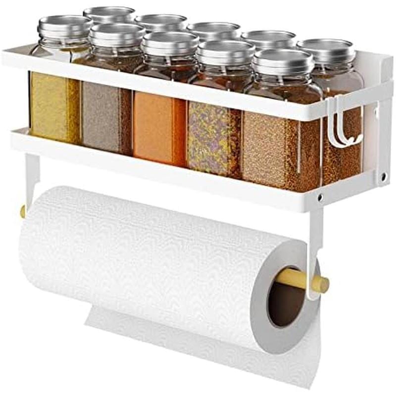 スパイスラック マグネットシェルフ ペーパータオルホルダー付き ロールとフック付き 折りたたみ式 冷蔵庫 磁気スパイスホルダー 壁掛け