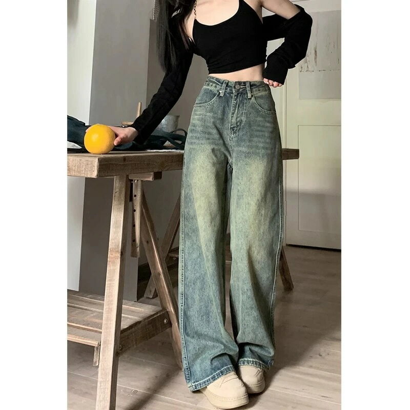 スラックスパンツ アメリカン レトロ ビンテージ ジーンズ レディース 秋 ハイウエスト ワイドパンツ ストレートパンツ デニムパンツ 韓国