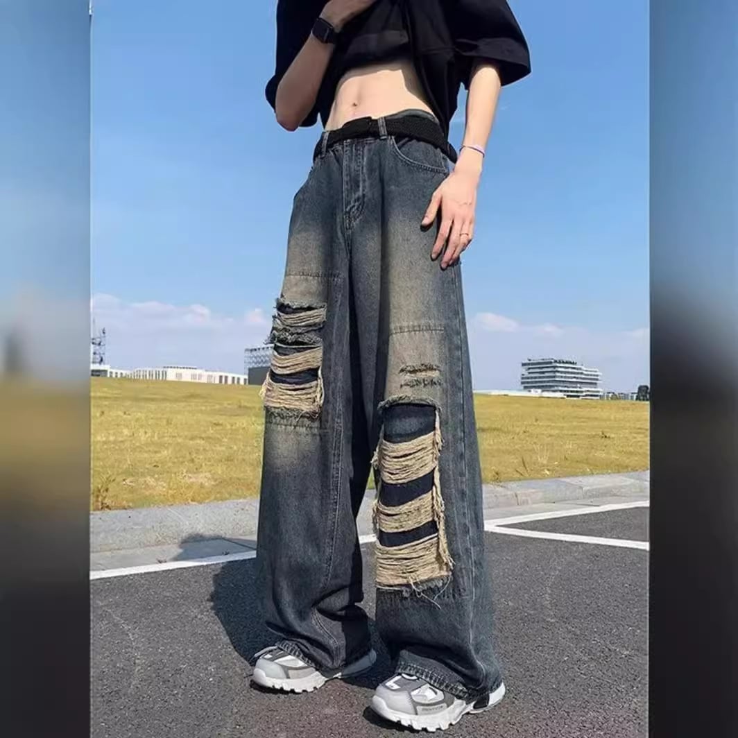 2024 初秋 デニムパンツ 男女兼用 カップル ボトムス ジーンズ バックウエストゴム ゆったり ゆるダボ ジーンズ シルエット加工 カジュアル メンズライク 韓国ファッション