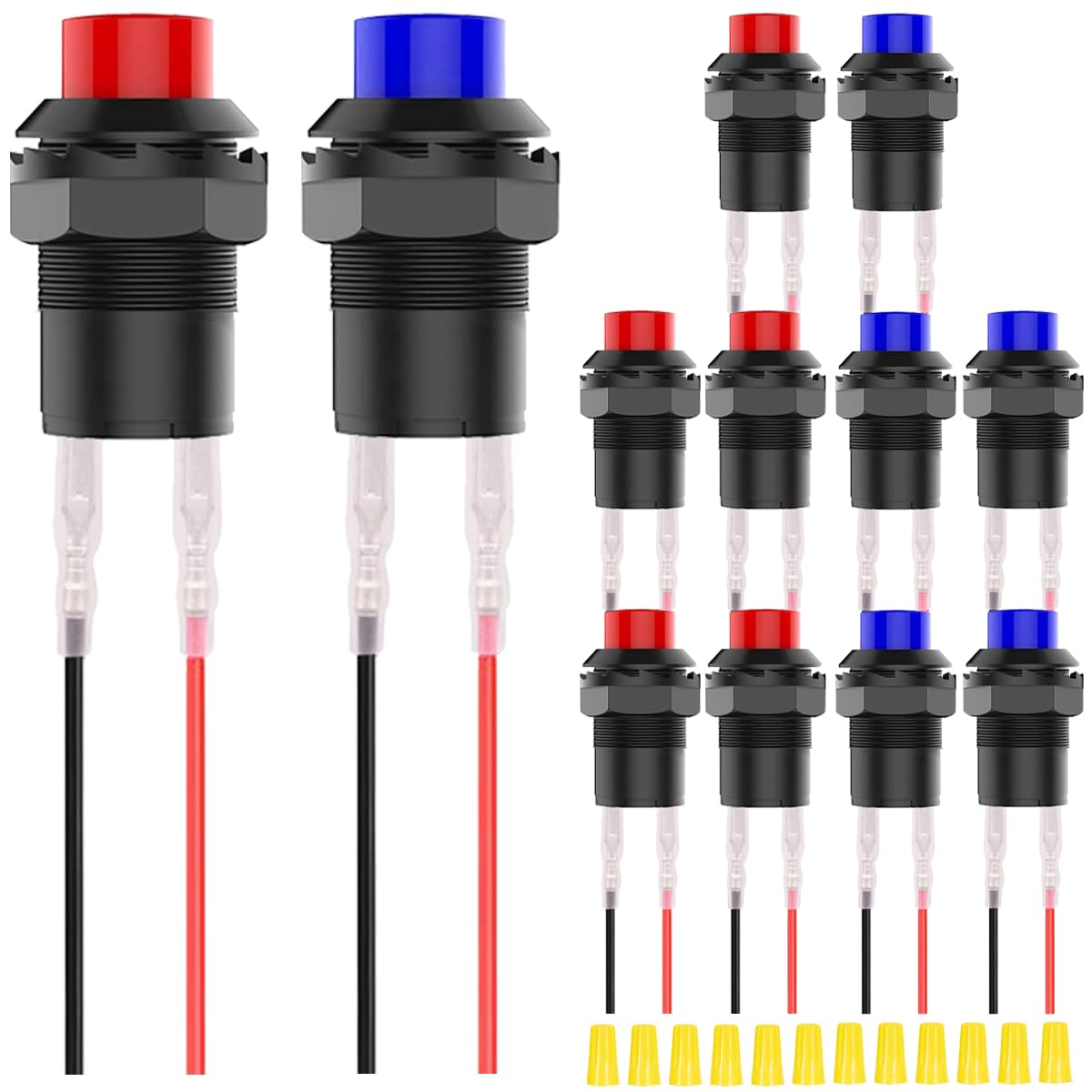 12Pcs 赤/青ミニ自己ロック スイッチ AC 250v 1.5A 125V3A 2 ピン 12v 12mm ラッチ プッシュ ボタン マイクロ ラウンド押ボタン スイッチ端子線と配線キャップ RV 車テーブル ランプをオフします