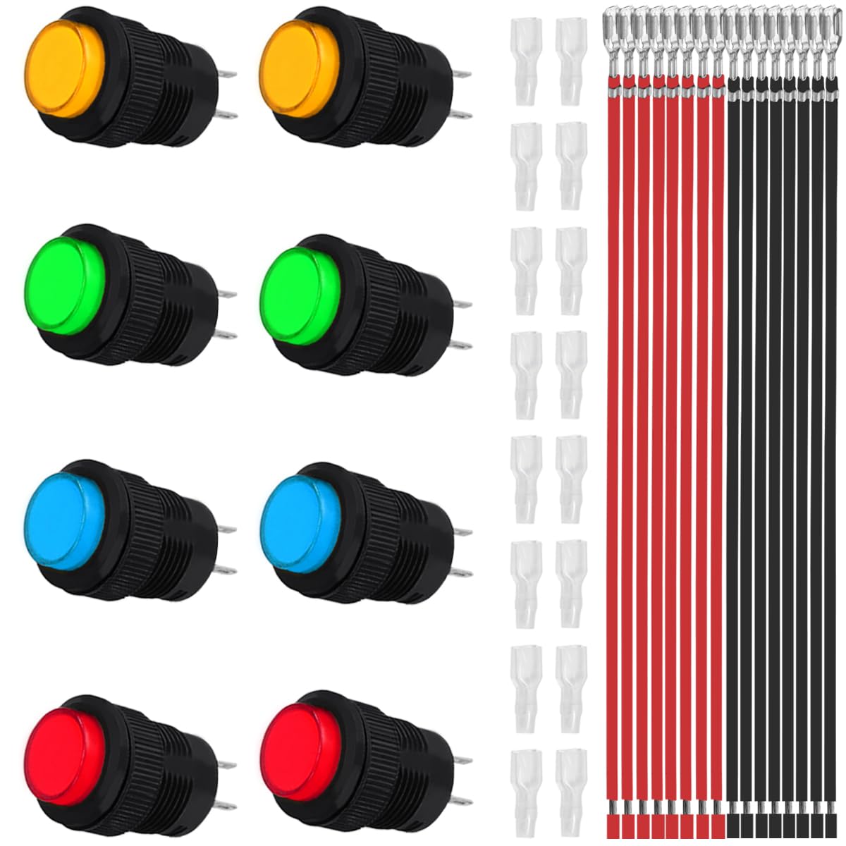 8PCS 16mm モーメンタリ プッシュ ボタン スイッチ ミニ ON OFF 3A 250V AC/6A 125V AC 丸型キャップ LED ライト点灯 赤 黄 青 緑 4 ピン セルフリセット対応 車 DIY 20 個 端子ワイヤ シース