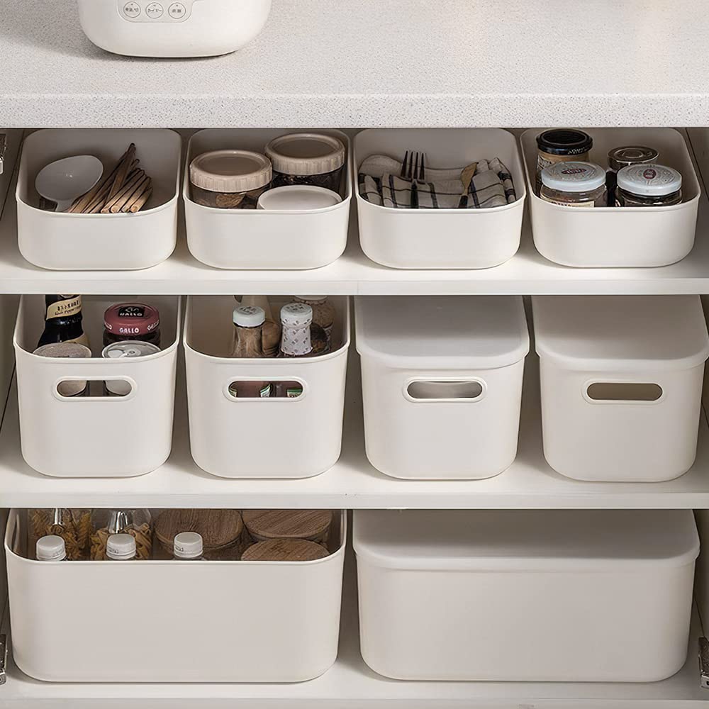 6個セット 収納ボックス ふた付き ポリプロピレン 収納ケース プラスチック 小物入れバスケット 文房具・衣類収納 キッチンシンク下収納かご SML・3サイズ ホワイト (6個セット)