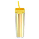 Tスキニーアクリルタンブラー(イエロー)16オンス 蓋とストロー付き アイスコーヒー用 断熱ダブルウォールカップ イリデセントトラベルタンブラー