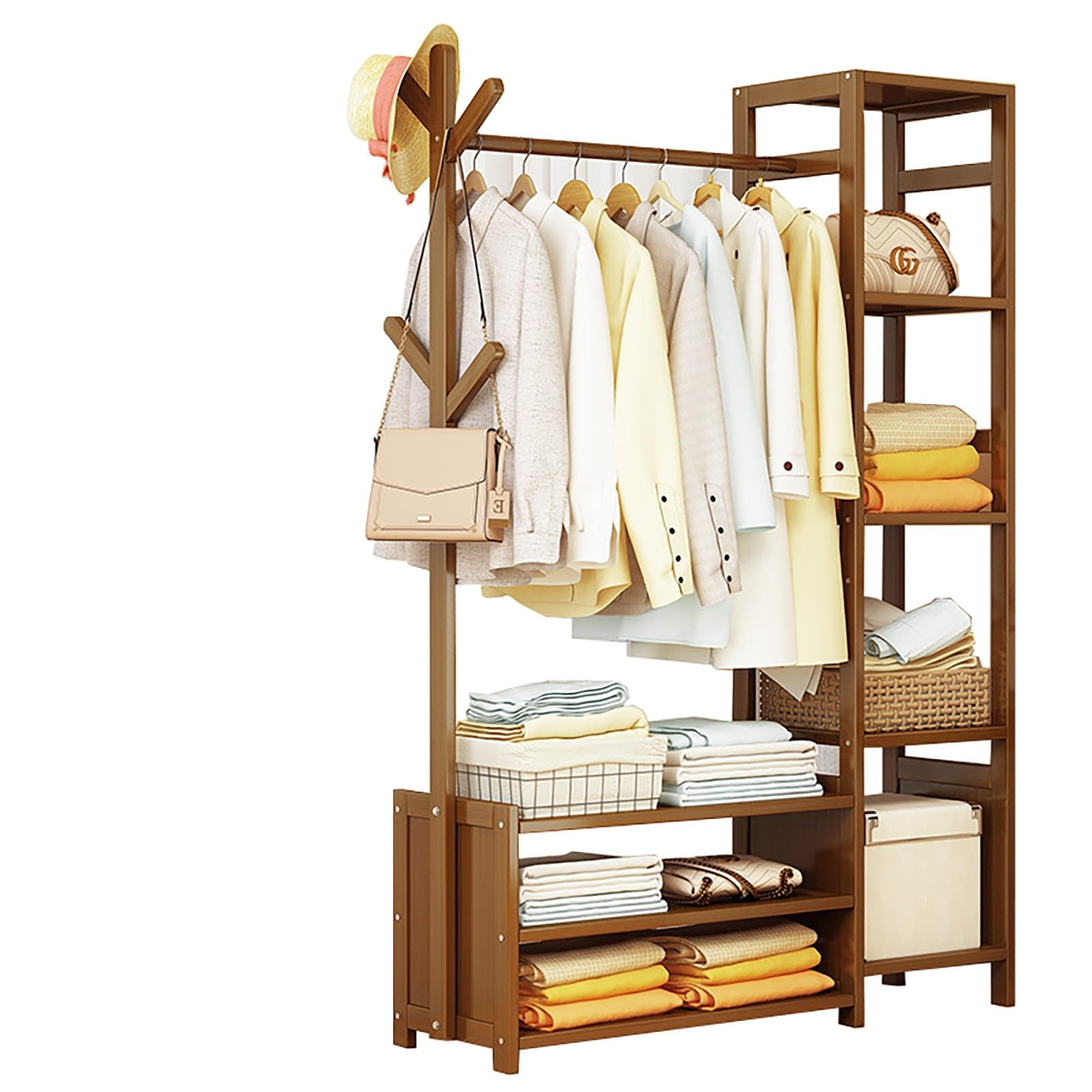 洋服ラック 玄関ベンチ ズボンラック ワードローブ 衣類ラック 木製 コート掛け コートラック 衣類収納 玄関 収納ラック 多機能収納棚 物干しラッククローゼッ...