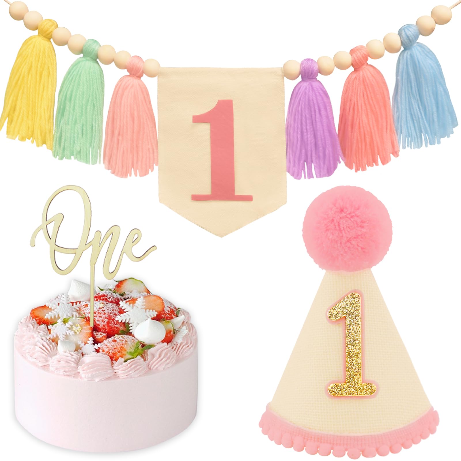 ベビー1歳の誕生日デコレーション 王冠付き - 1歳の誕生日デコレーション ハイチェアバナー ケーキトッパー1つ付き 最初の赤ちゃんの誕生日パーティーデコレーション用品 男の子、女の子用、ピンクセットのサムネイル